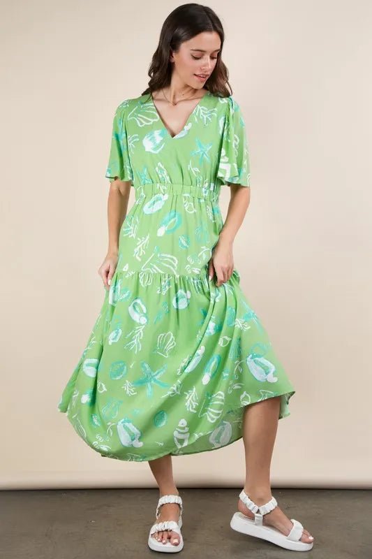 VERY J Printed V - Neck Resort Midi Dress