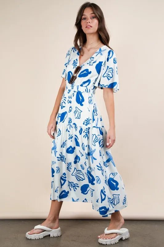 VERY J Printed V - Neck Resort Midi Dress