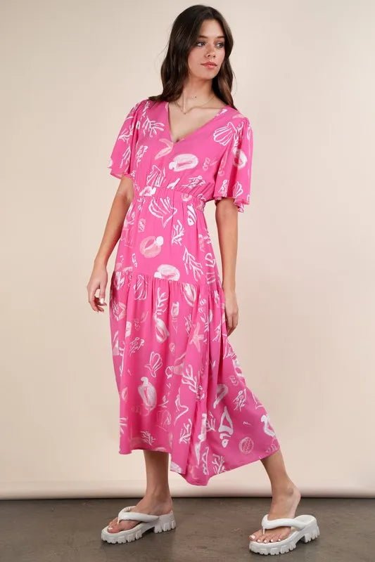 VERY J Printed V - Neck Resort Midi Dress