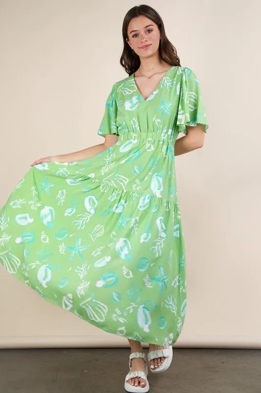 VERY J Printed V - Neck Resort Midi Dress