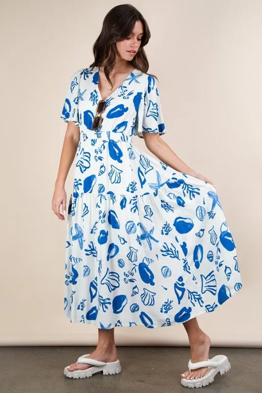 VERY J Printed V - Neck Resort Midi Dress