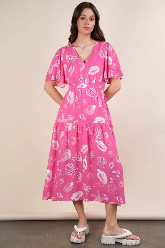 VERY J Printed V - Neck Resort Midi Dress