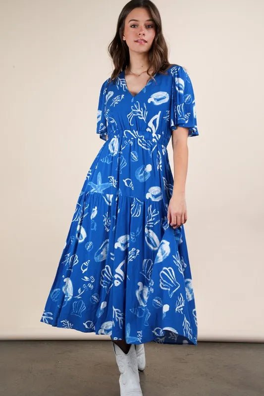 VERY J Printed V - Neck Resort Midi Dress