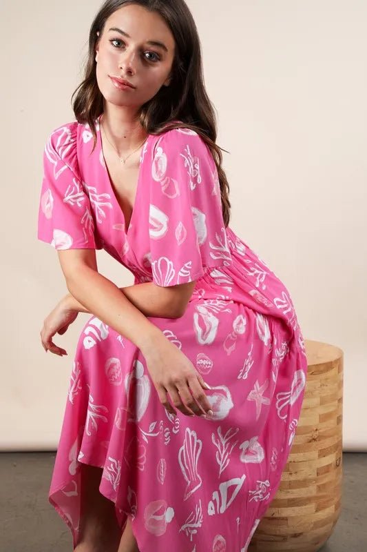 VERY J Printed V - Neck Resort Midi Dress