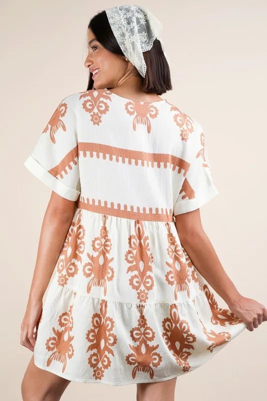 VERY J Printed V - Neck Woven Mini Dress