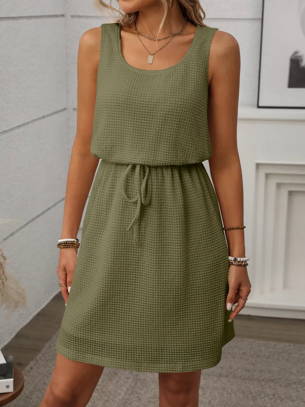 Waffle - Knit Drawstring Mini Tank Dress