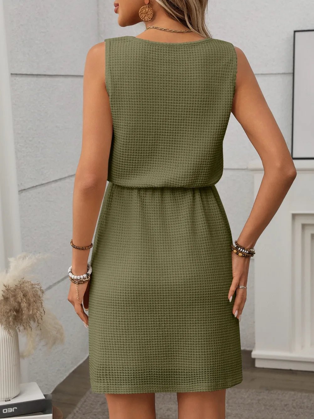Waffle - Knit Drawstring Mini Tank Dress