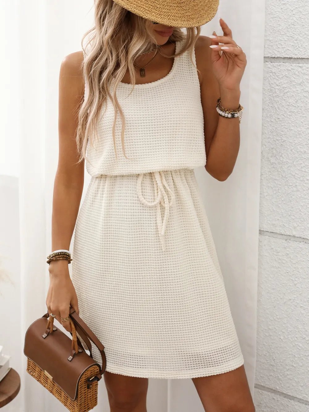 Waffle - Knit Drawstring Mini Tank Dress