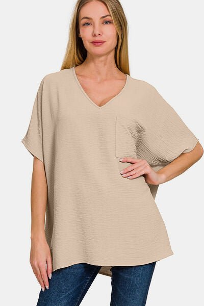 Zenana Full Size Texture V - Neck Short Sleeve Top