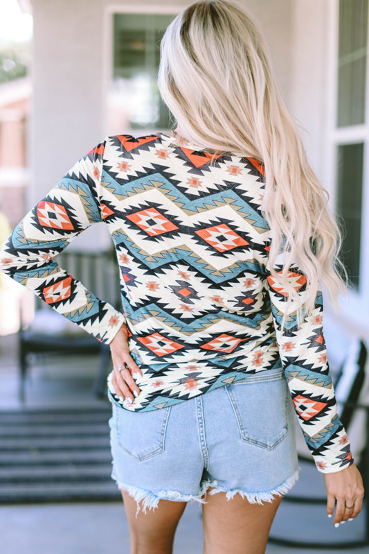 Printed Notched Neck Long Sleeve Top - Classique Collection
