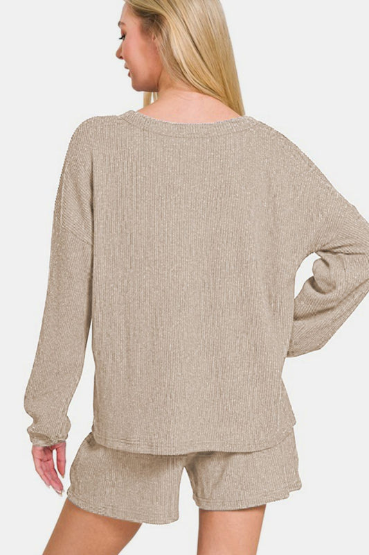 Zenana V-Neck Long Sleeve Ribbed Top and Shorts Set - Classique Collection