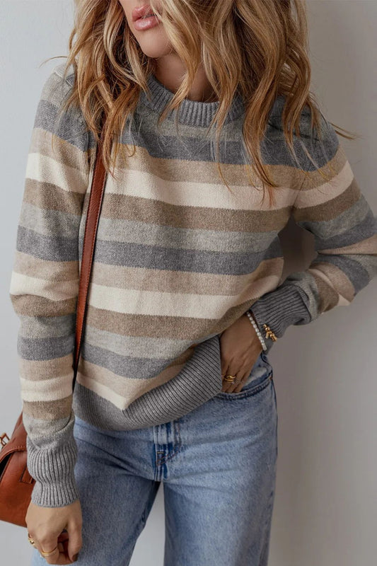 Striped Round Neck Long Sleeve Sweater - ClassiQ