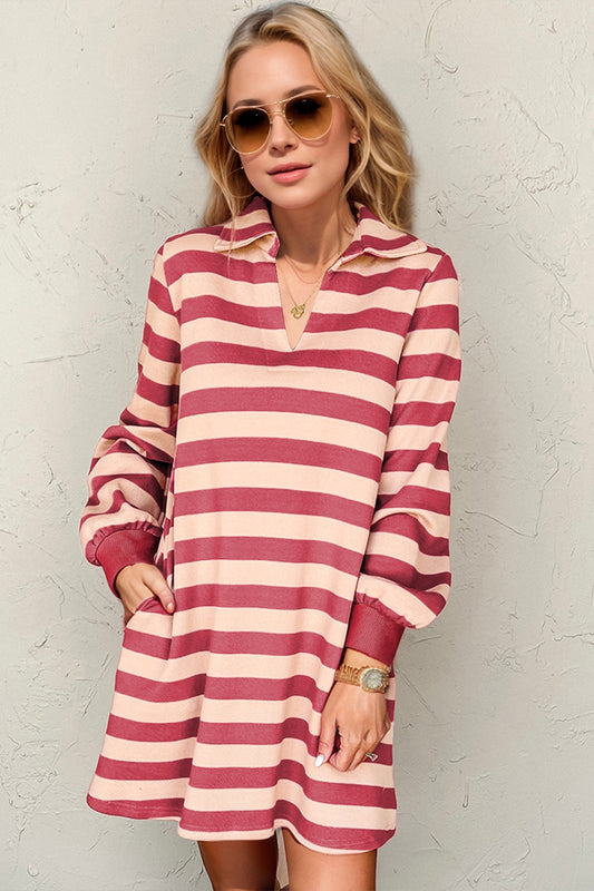 Double Take Full Size Striped Contrast Collared Neck Long Sleeve Dress - Classique Collection