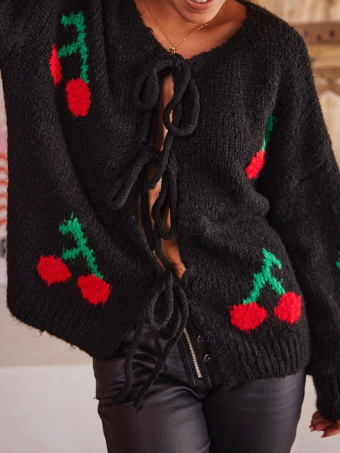 Tied Cherry Round Neck Long Sleeve Cardigan - Classique Collection