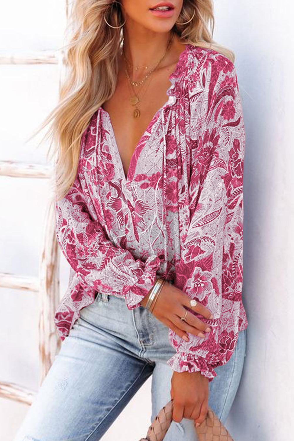 Floral Tie Neck Flounce Sleeve Blouse - Classique Collection