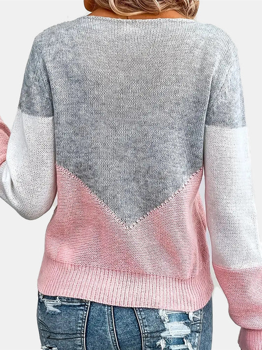 Openwork Contrast Round Neck Long Sleeve Knit Top - ClassiQ
