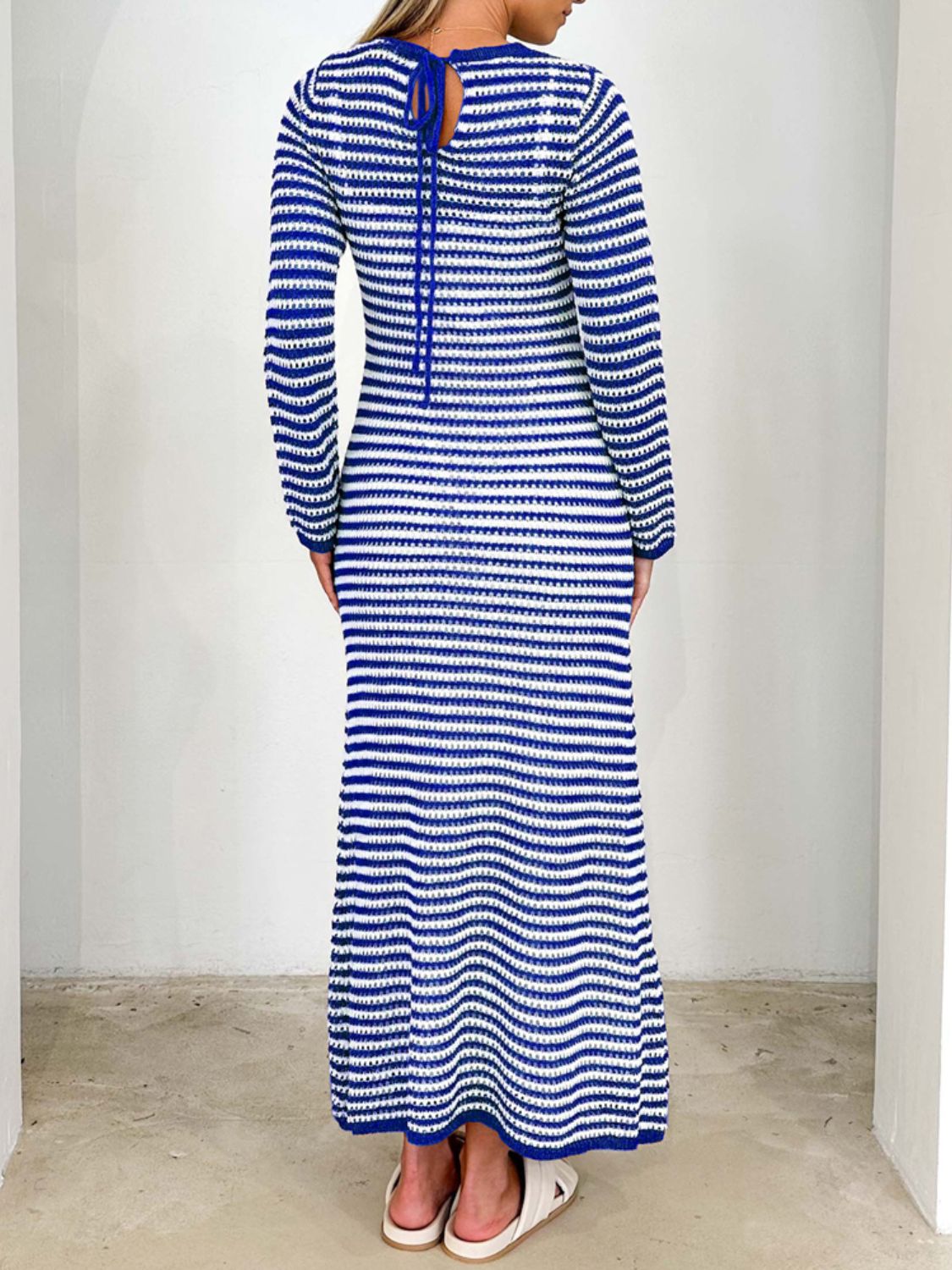 Devine Tied Round Neck Striped Sweater Dress - Classique Collection