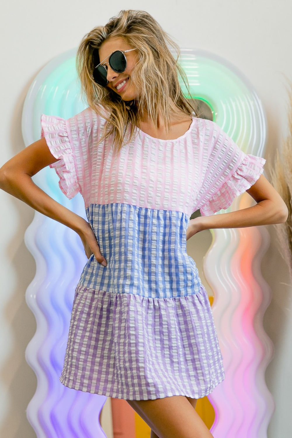 BiBi Plaid Color Block Tiered Top - Classique Collection