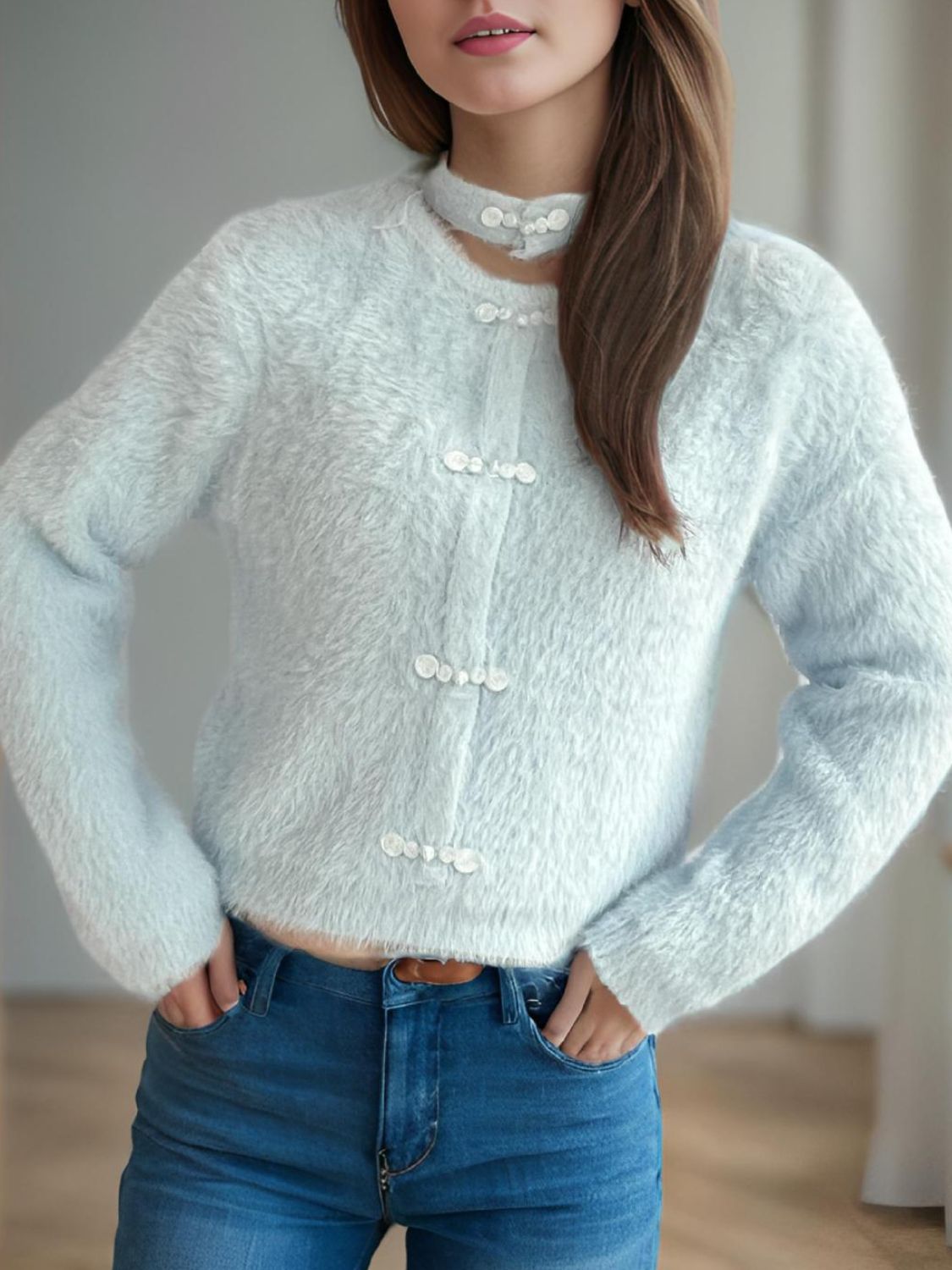 Cutout Knot Button Long Sleeve Cardigan - ClassiQ