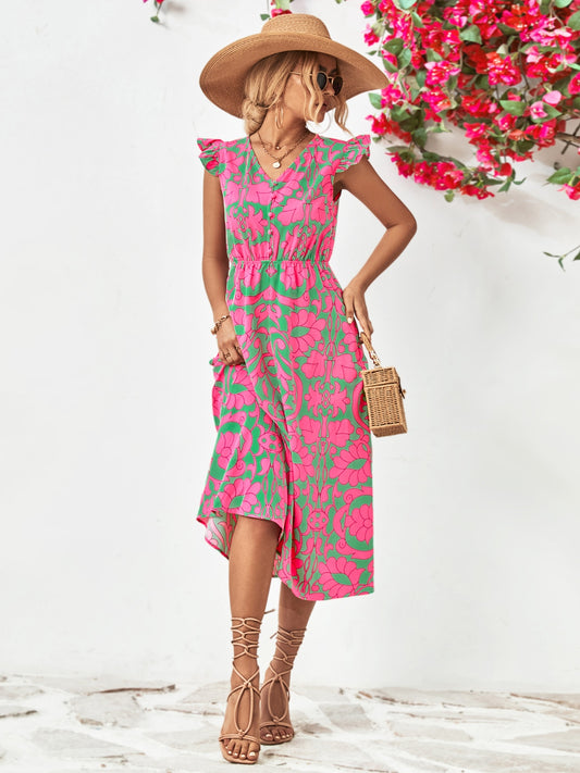 Printed V-Neck Cap Sleeve Dress - Classique Collection