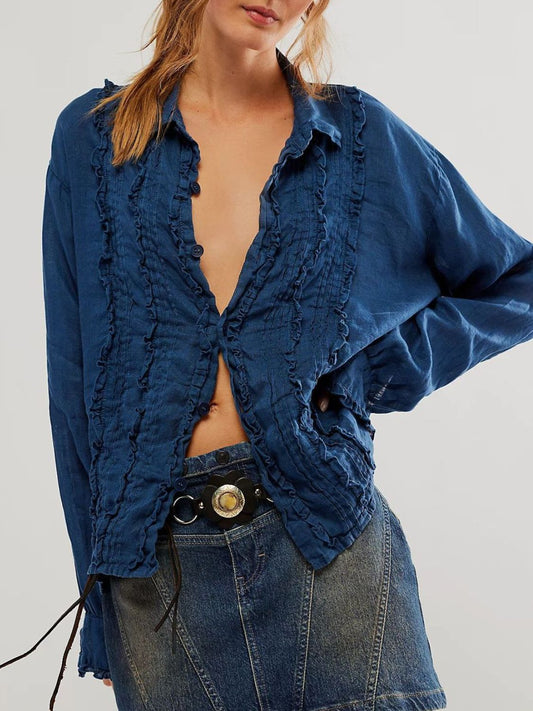 Frill Ruched Collared Neck Long Sleeve Shirt - Classique Collection