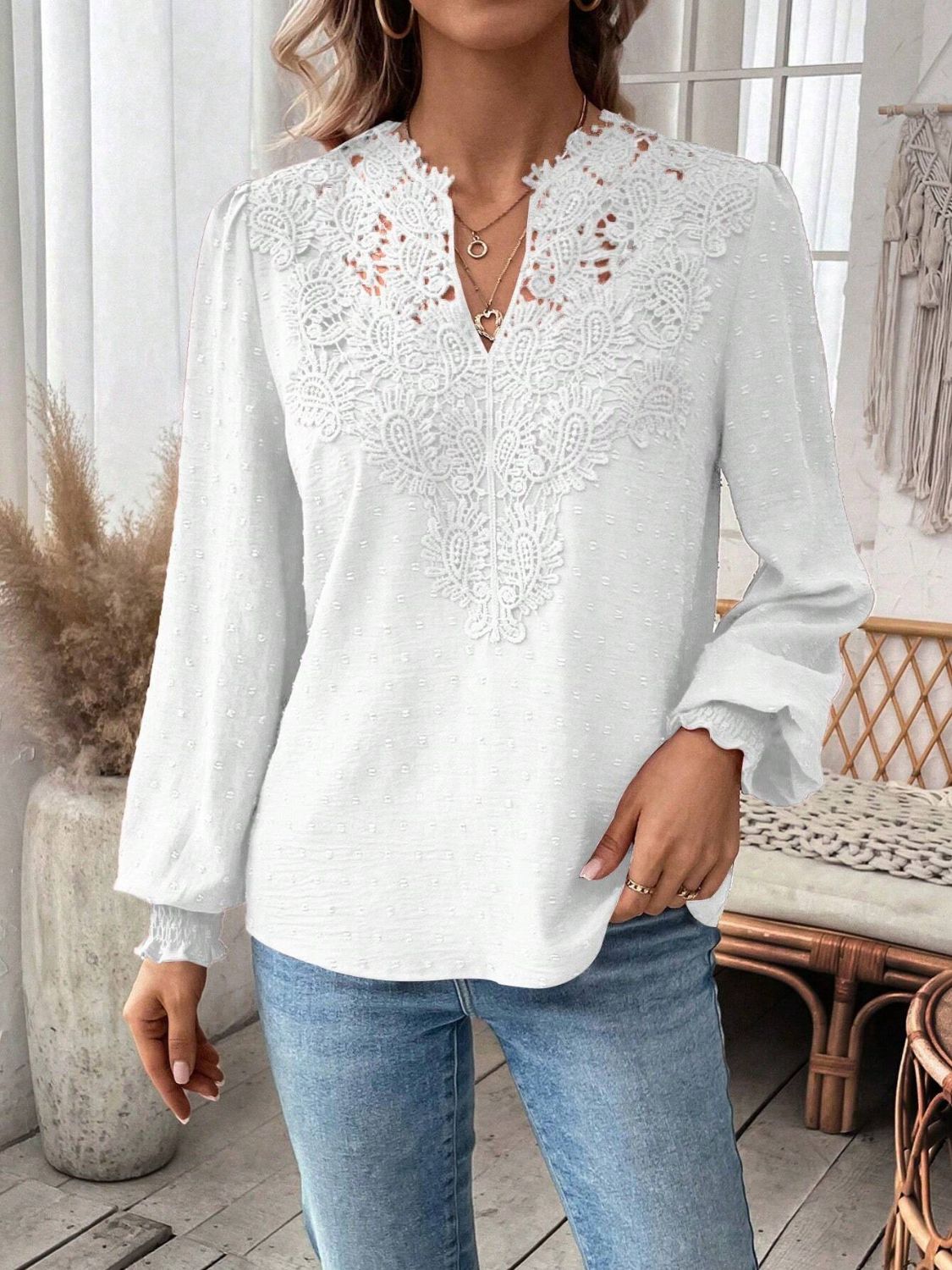 Swiss Dot Lace Detail Notched Long Sleeve Blouse - Classique Collection