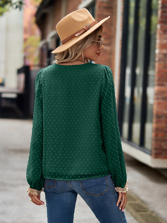 Swiss Dot V-Neck Long Sleeve Blouse - Classique Collection