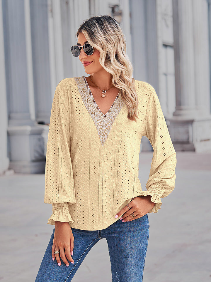 V-Neck Eyelet Flounce Sleeve Blouse - Classique Collection