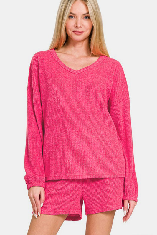 Zenana V-Neck Long Sleeve Ribbed Top and Shorts Set - Classique Collection