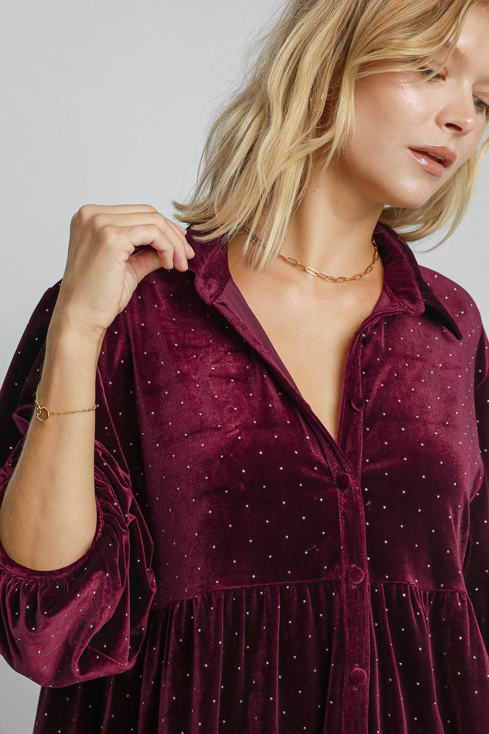 Umgee Full Size Polka Dot Button Up Half Sleeve Shirt - Classique Collection