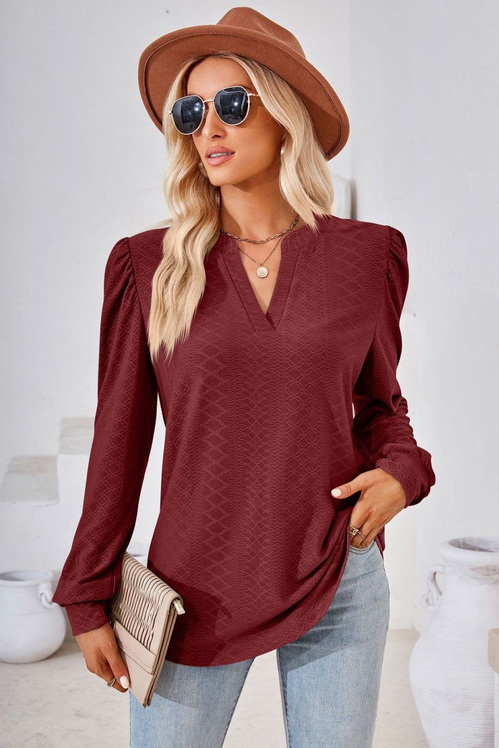 V-Neck Puff Sleeve Blouse - Classique Collection