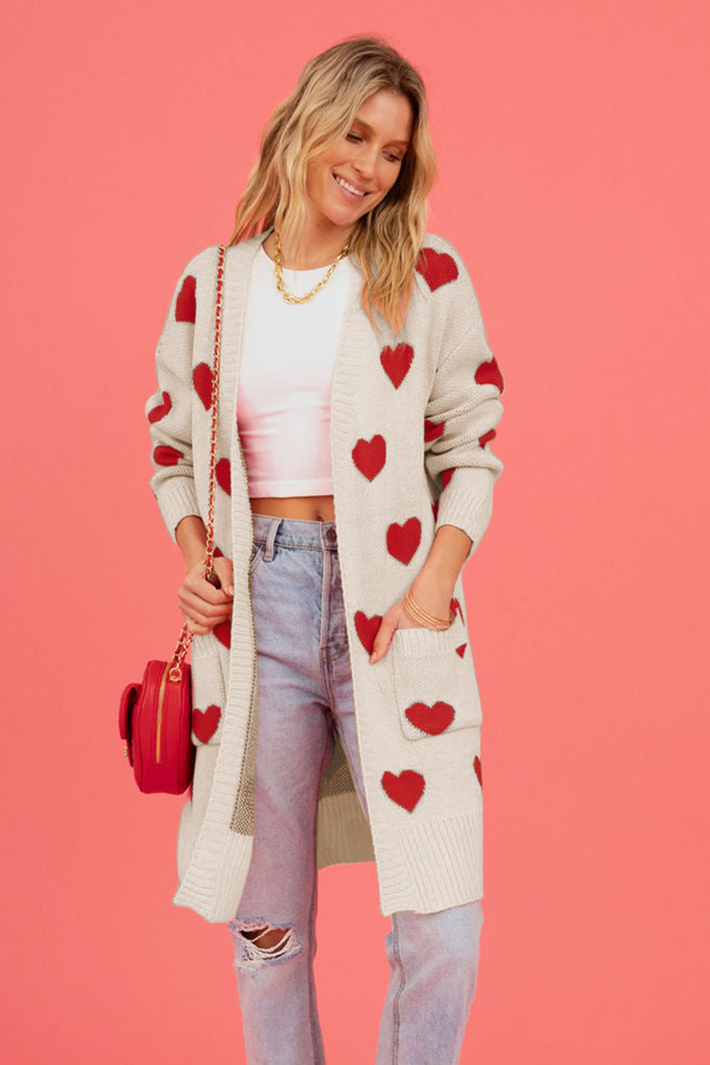 Heart Graphic Open Front Cardigan with Pockets - ClassiQ