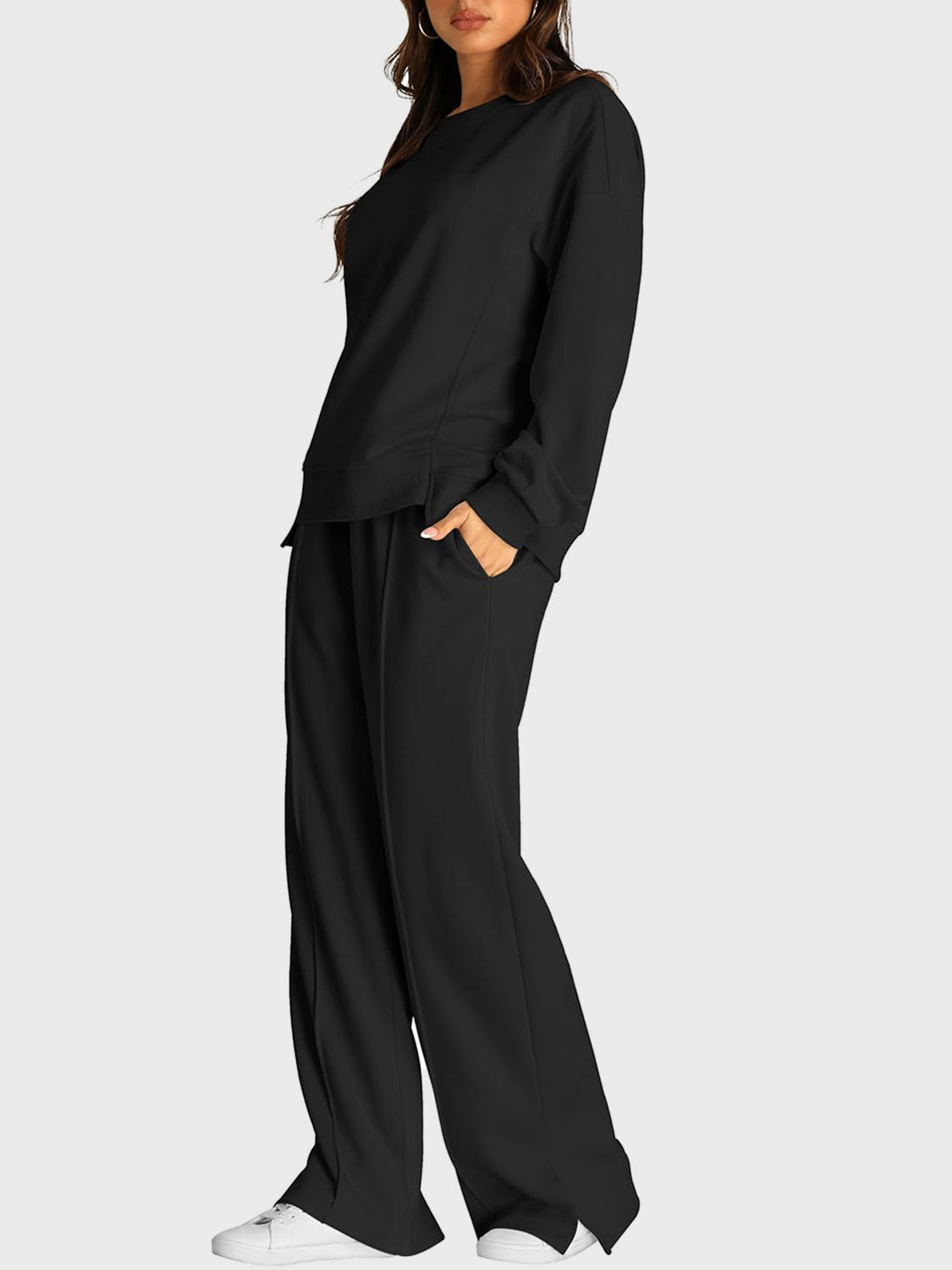 Round Neck Long Sleeve Top and Slit Pants Set - ClassiQ