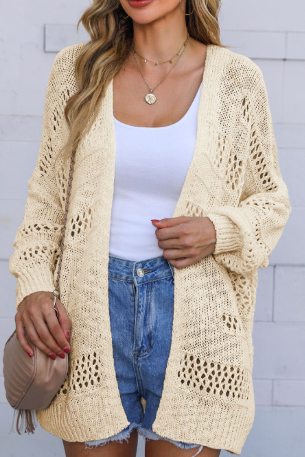 Openwork Open Front Long Sleeve Cardigan - Classique Collection