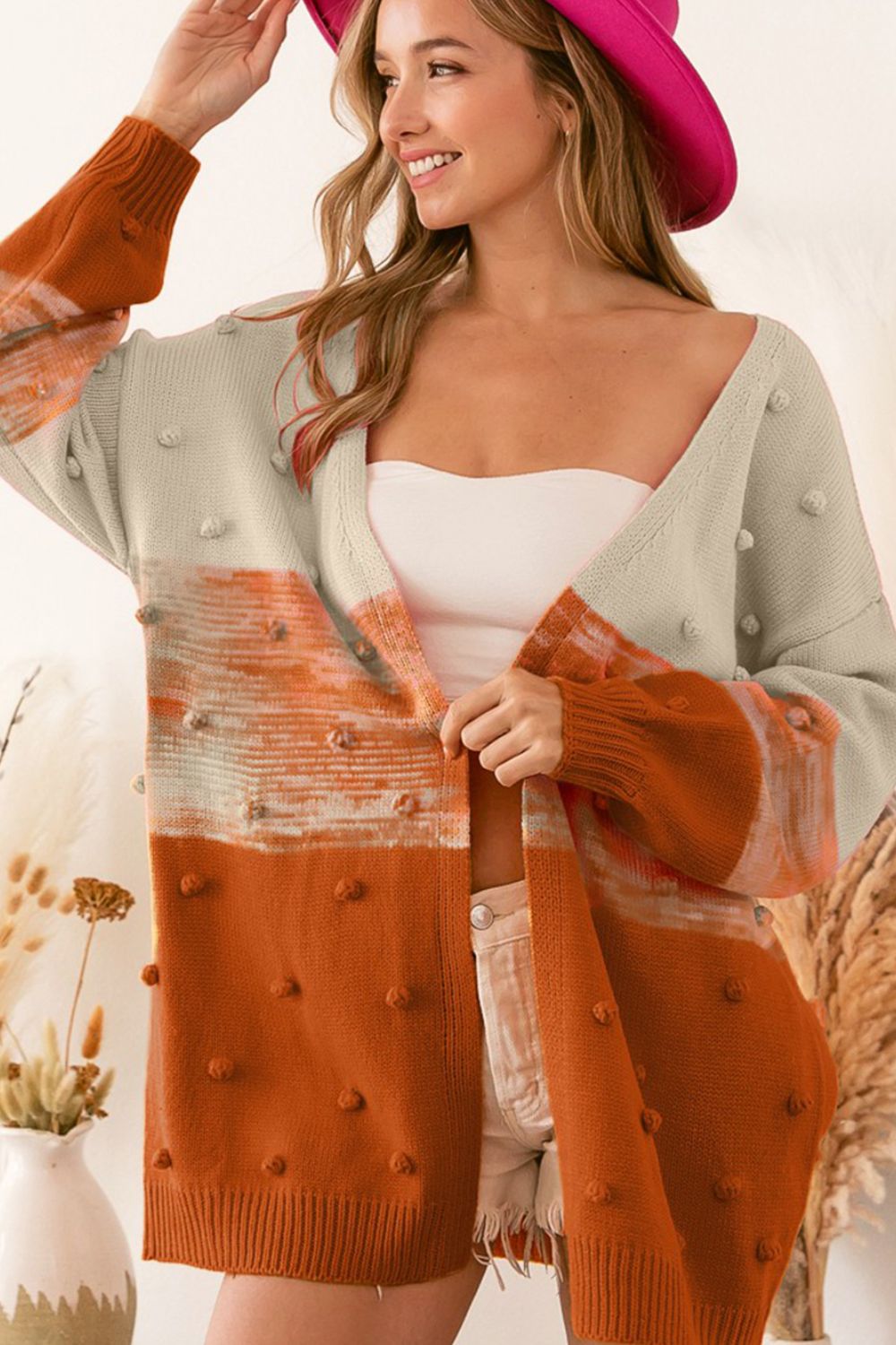 Pompom Color Block Open Front Cardigan - ClassiQ