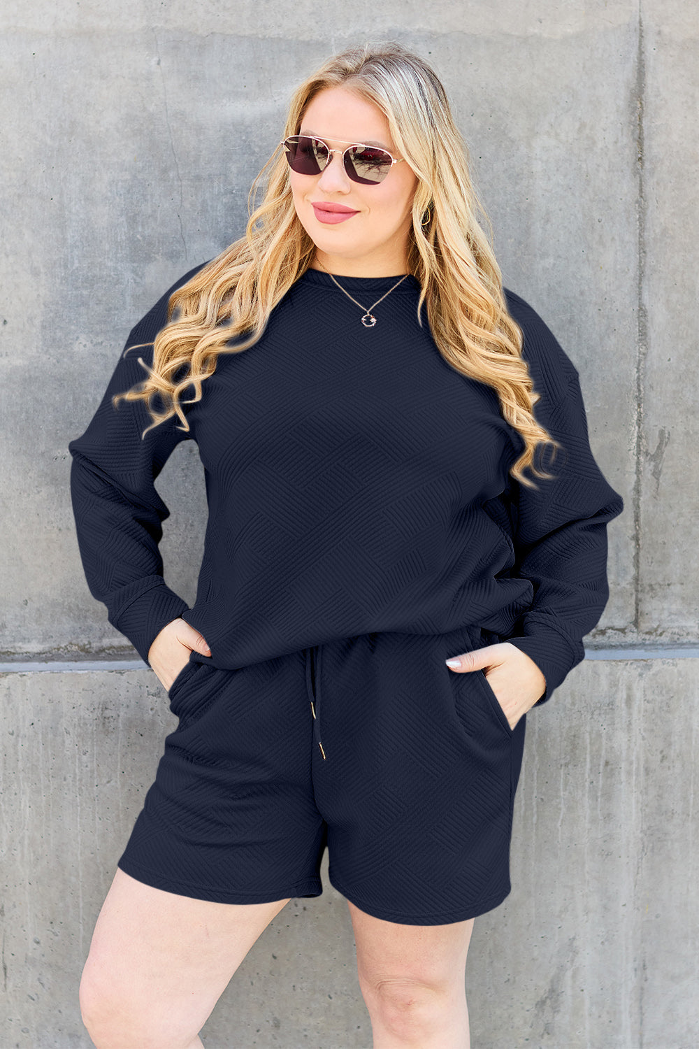 Double Take Full Size Texture Long Sleeve Top and Drawstring Shorts Set - ClassiQ