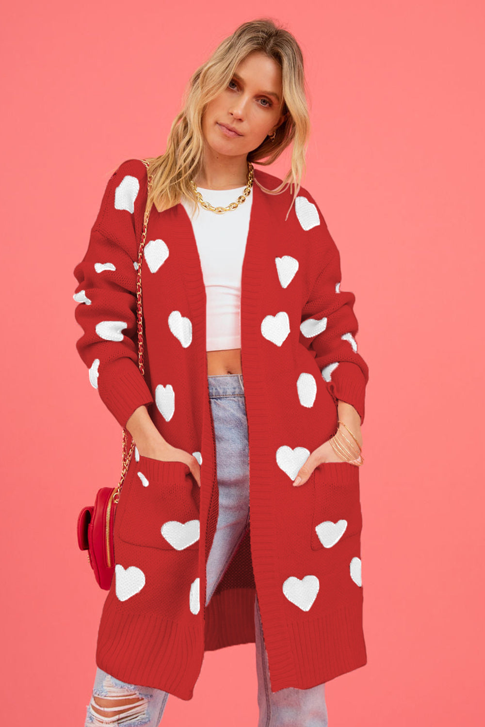 Heart Graphic Open Front Cardigan with Pockets - ClassiQ