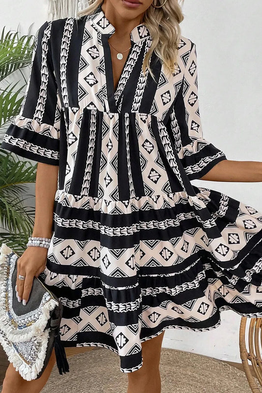Tiered Printed Notched Half Sleeve Dress - Classique Collection