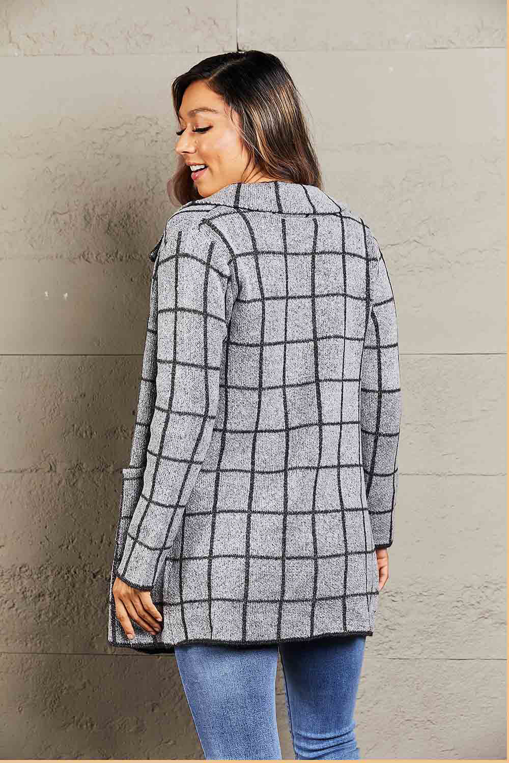 Printed Open Front Lapel Collar Cardigan with Pockets - ClassiQ