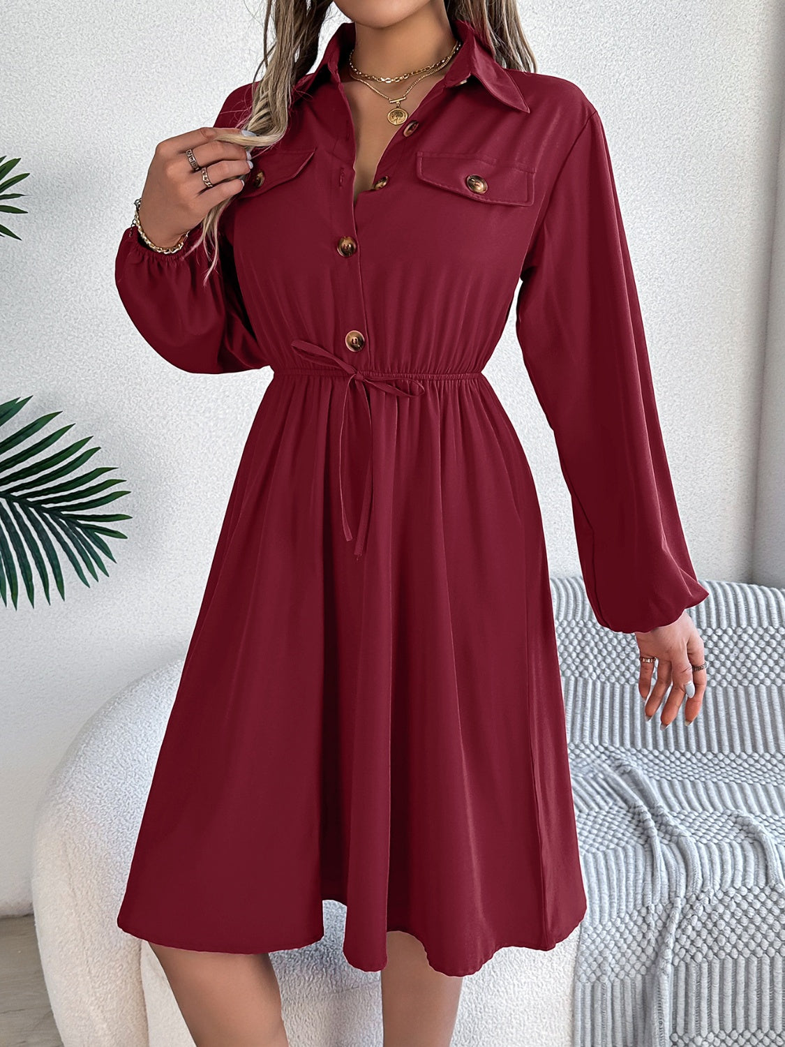 Collared Neck Long Sleeve Dress with Pockets - Classique Collection