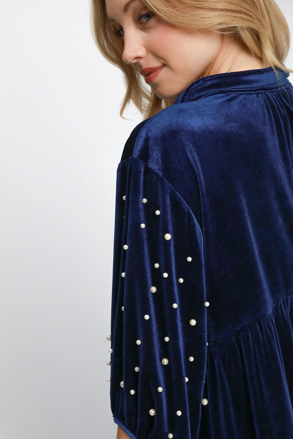 Umgee Pearl Detail Collared Neck Velvet Babydoll Blouse - Classique Collection