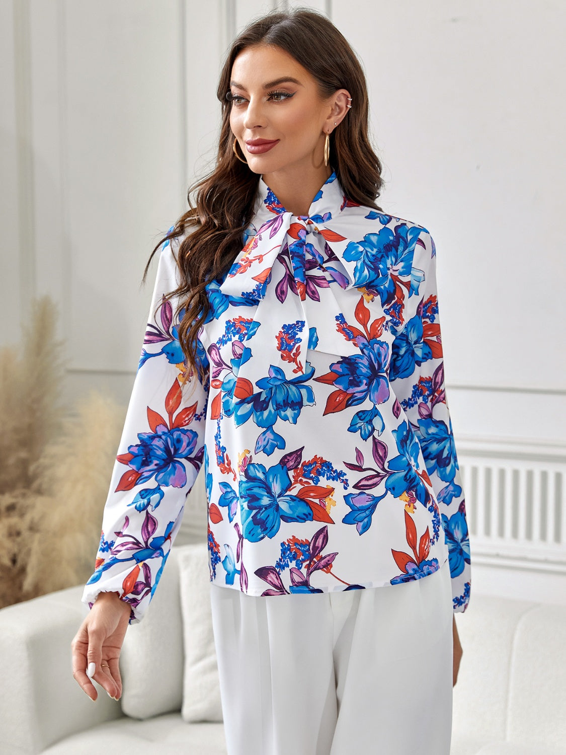 Floral Tie Neck Long Sleeve Blouse - ClassiQ