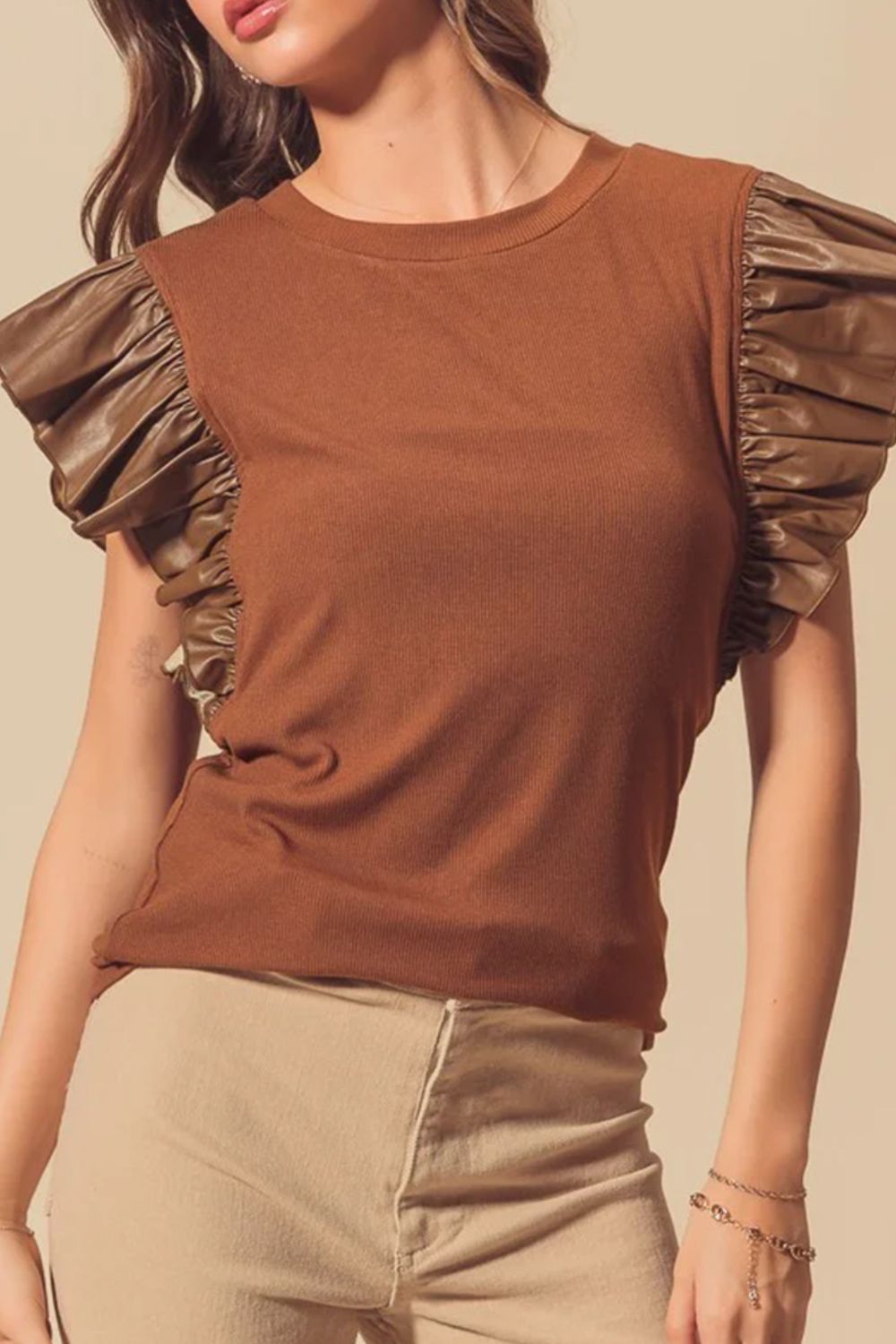 Ruffled Round Neck Cap Sleeve Blouse - Classique Collection