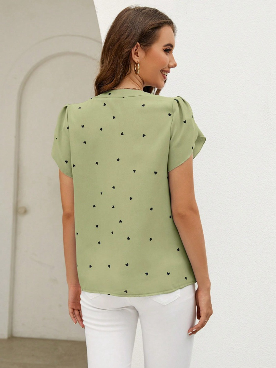 Heart Print Notched Petal Sleeve Blouse - ClassiQ