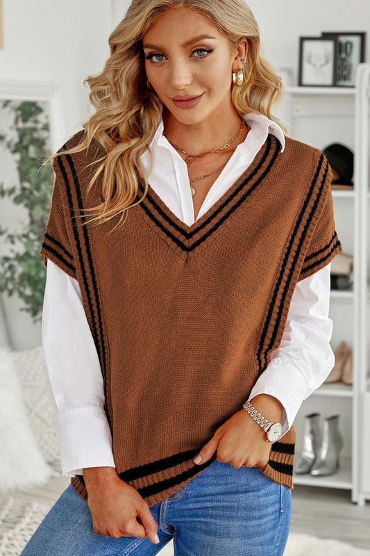 Striped Trim V-Neck Sweater Vest - ClassiQ