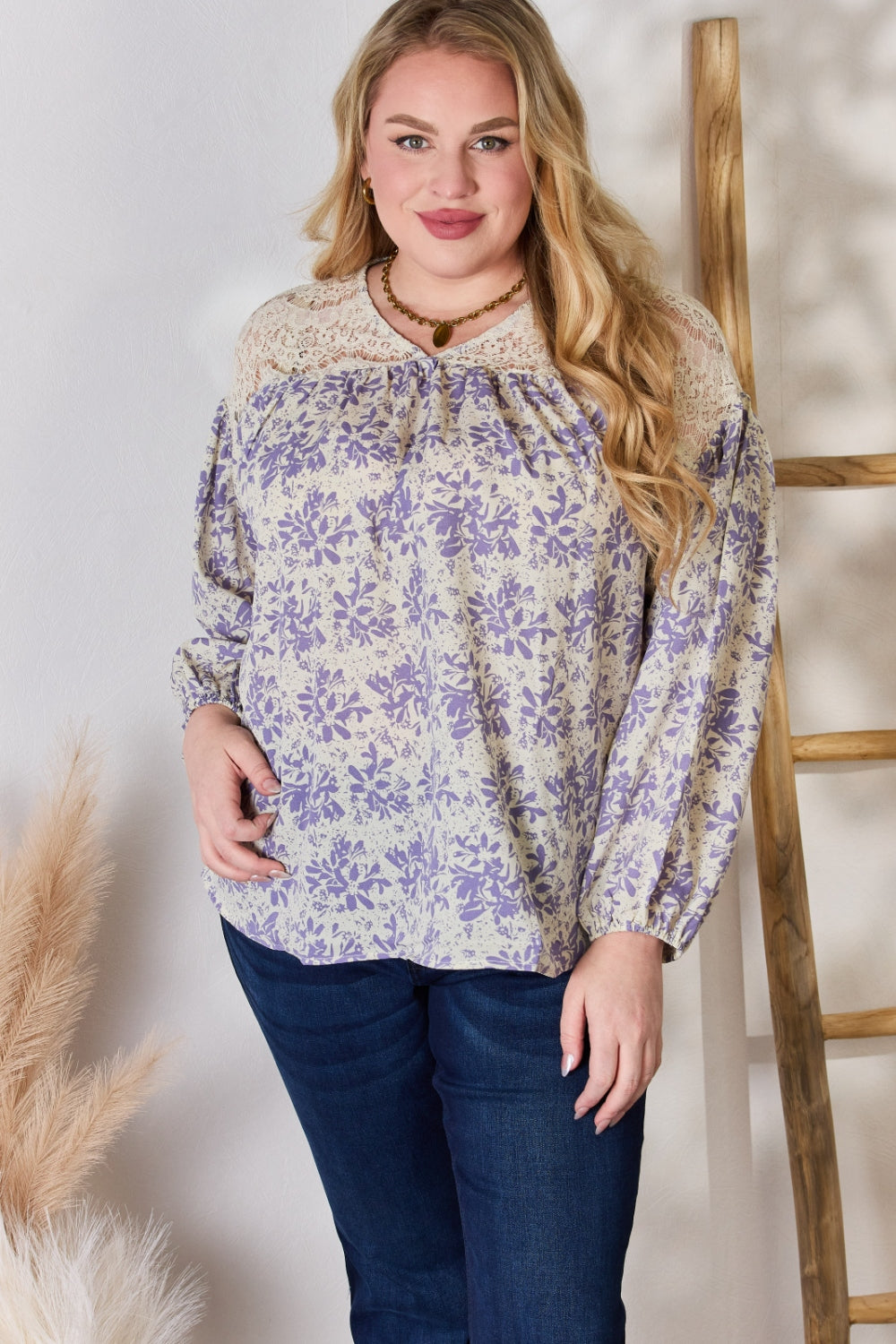 Hailey & Co Full Size Lace Detail Printed Blouse - Classique Collection