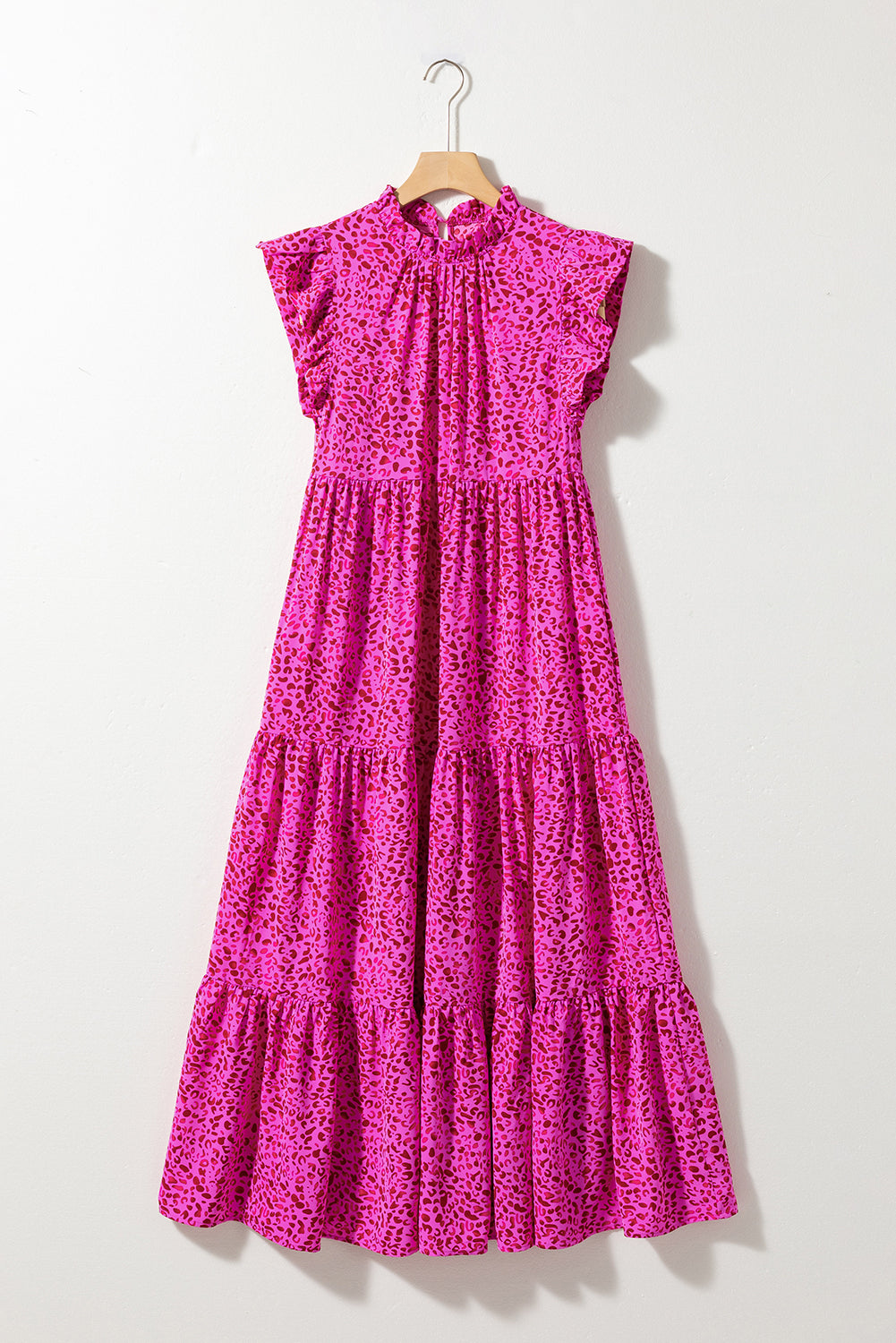 Rose Red Leopard Print Ruffled Trim Tiered Maxi Dress ClassiQ