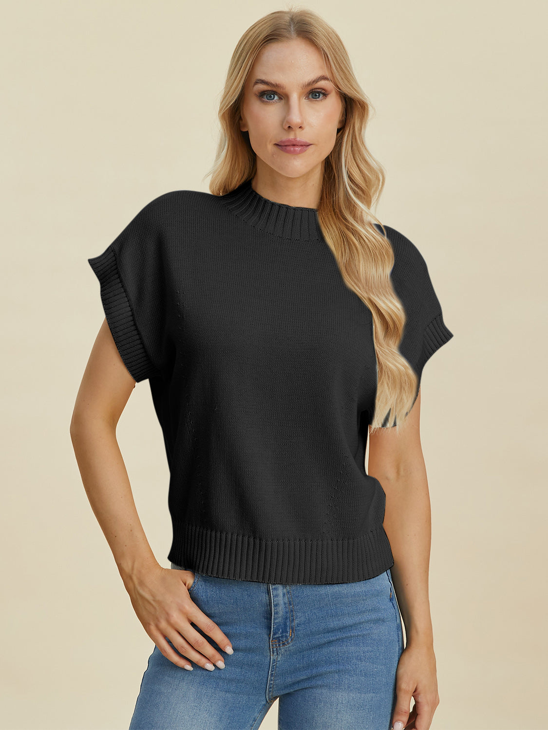 Double Take Full Size Mock Neck Short Sleeve Sweater - ClassiQ