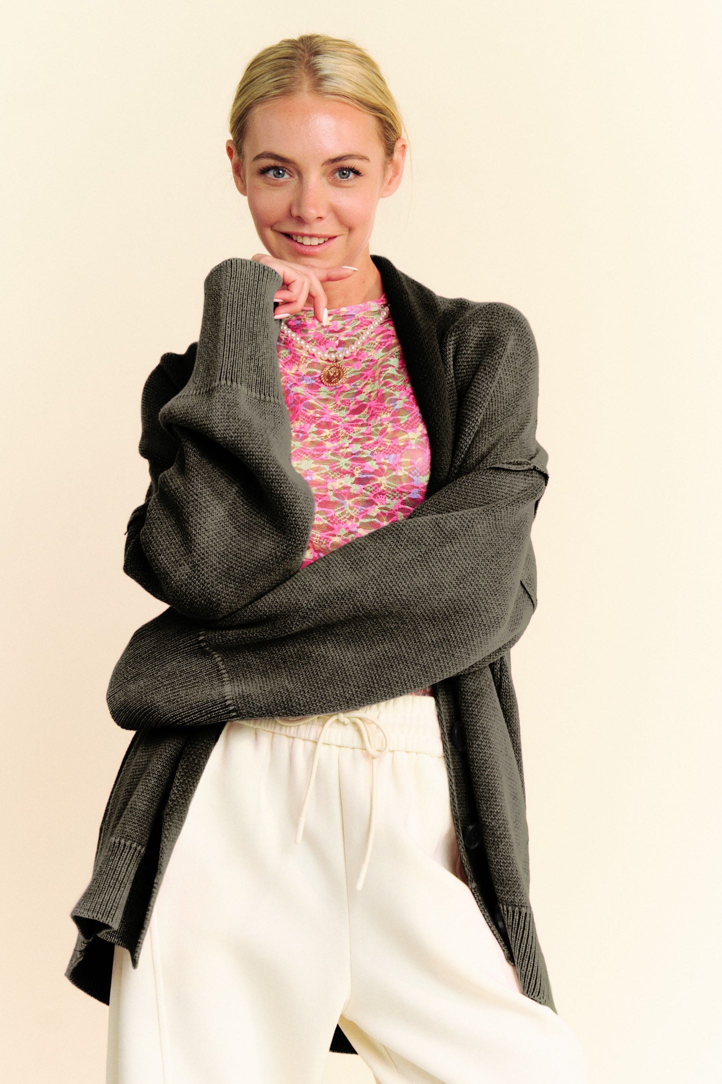 Davi & Dani Shawl Collar Ribbed Detail Button Up Cardigan - Classique Collection