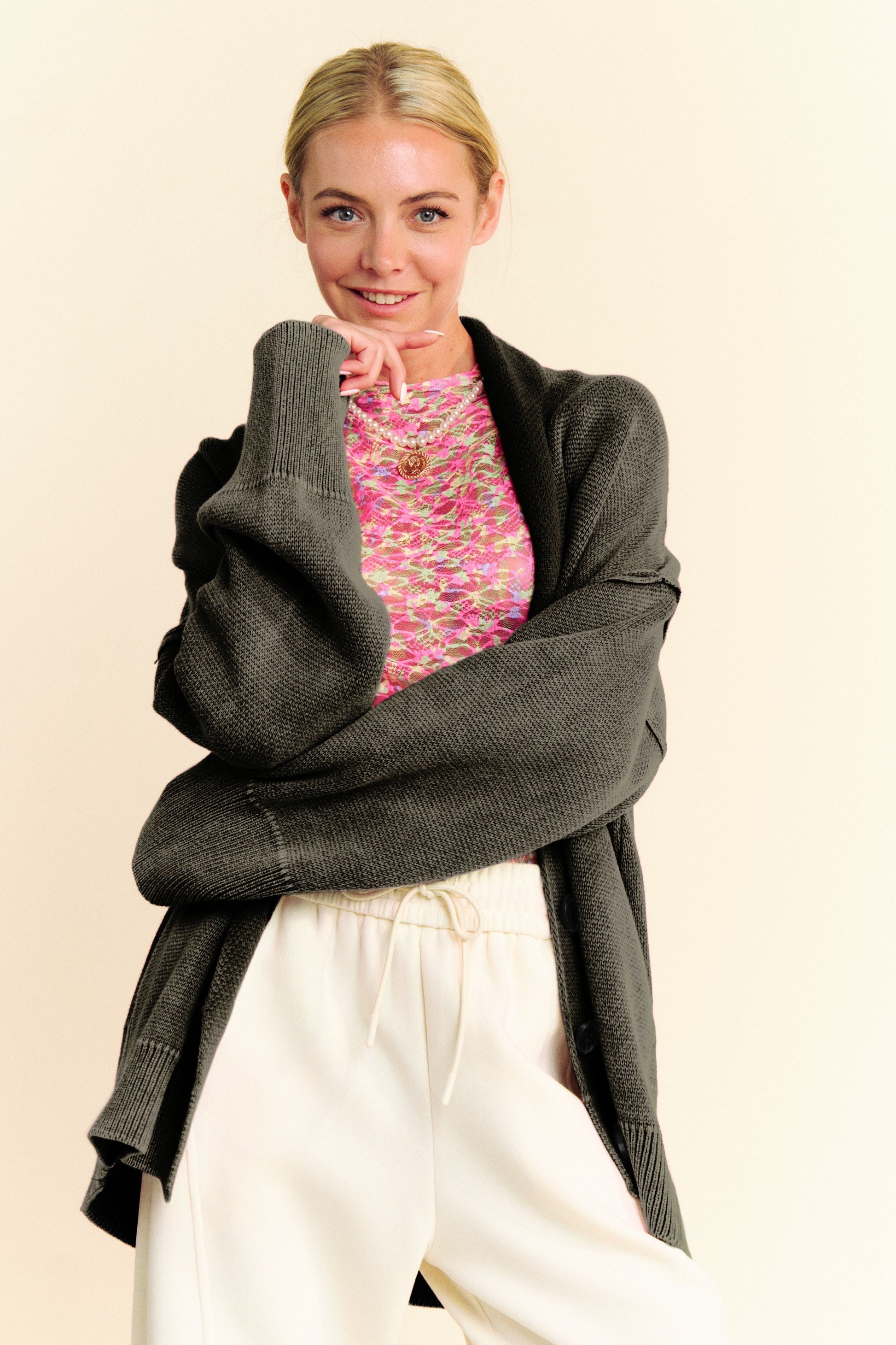 Davi & Dani Shawl Collar Ribbed Detail Button Up Cardigan - Classique Collection